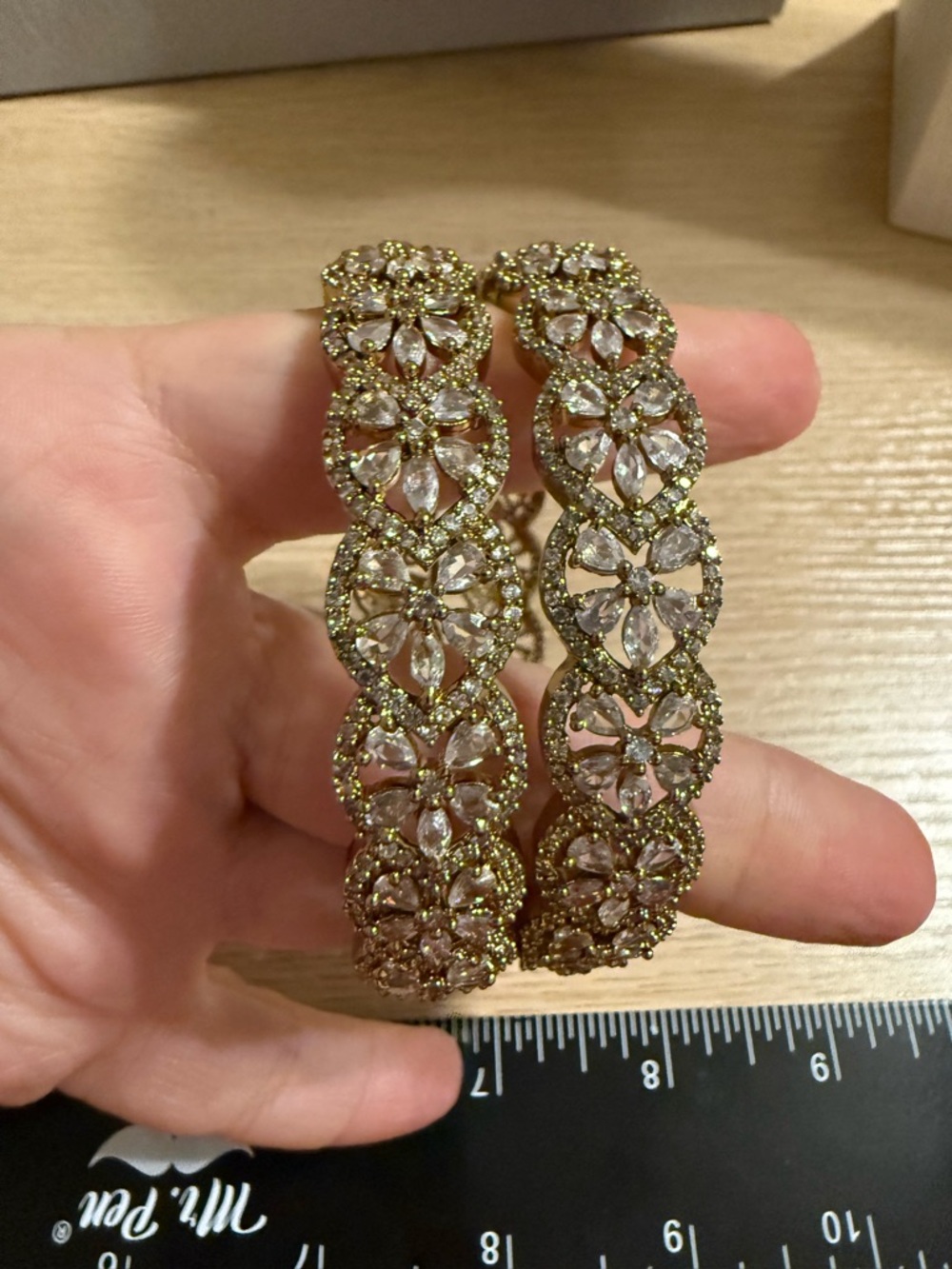 Gold Tone Floral Marquise CZ Bangle Bracelets Set of 2 Filigree Wedding Jewelry